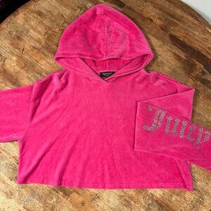 Juicy Couture Black Label Pink Velour Hoodie Womens Large Bling Cropped Pullover
